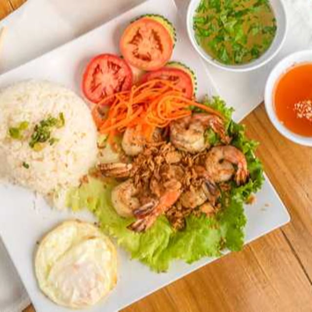 Char-Grilled Shrimp Rice Plate.